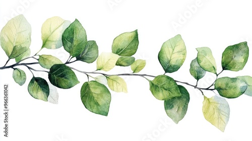 Artistic watercolor clipart featuring lush green leaves on a branch, white