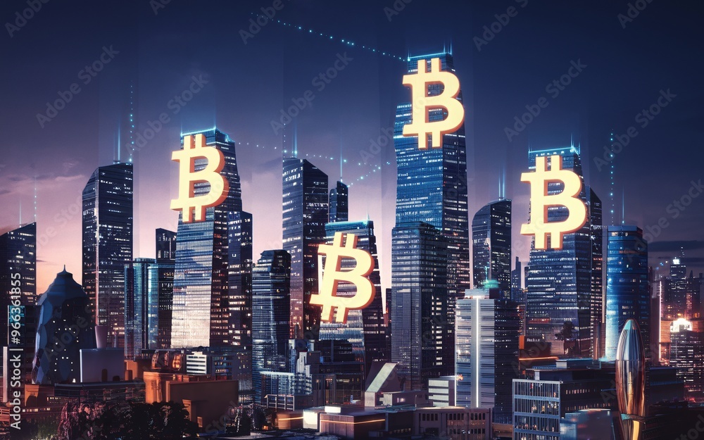 Futuristic Bitcoin Cityscape with Skyscrapers Shaped as Bitcoin Symbols Futuristic Bitcoin Cityscape with Skyscrapers Shaped as Bitcoin Symbols