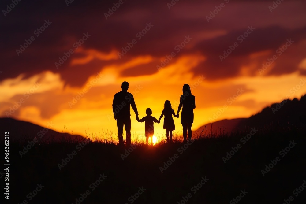 A silhouette of a family of four, holding hands and walking towards the setting sun. The image symbolizes love, unity, hope, family, and togetherness. A silhouette of a family of four, holding hands and walking towards the setting sun. The image symbolizes love, unity, hope, family, and togetherness.
