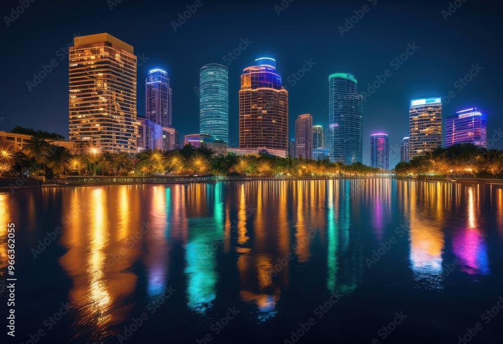 Naklejka premium vibrant nighttime view featuring tranquil reflections water surfaces colorful lights scenic landscapes, cityscape, skyline, nightview, colors, scenery
