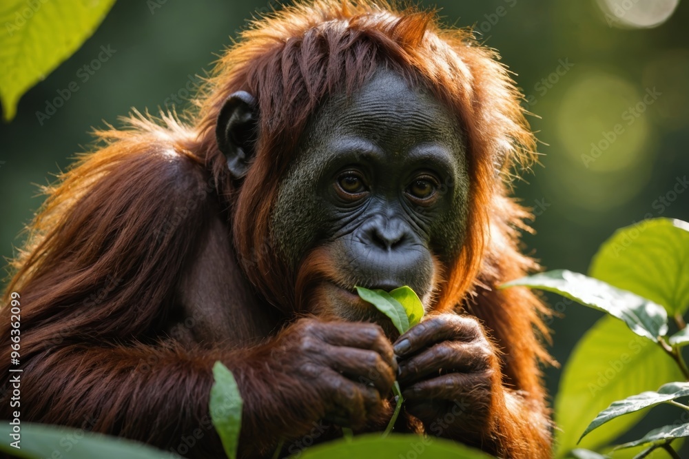 Fototapeta premium a young orangutan eating a leaf