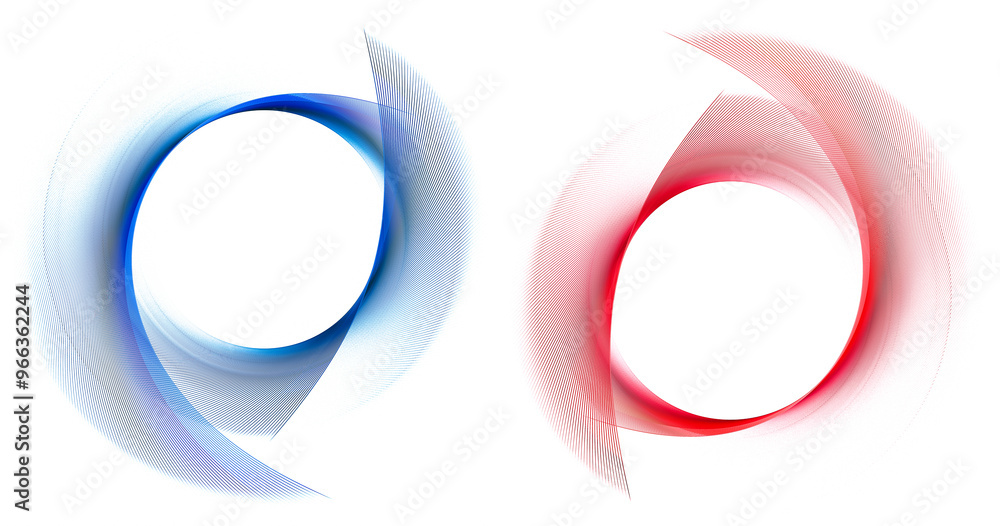 Fototapeta premium The round frames are created with red and blue striped curved planes. Set of graphic design elements on a white background. Icon, logo, symbol, sign. 3D rendering. 3D illustration.