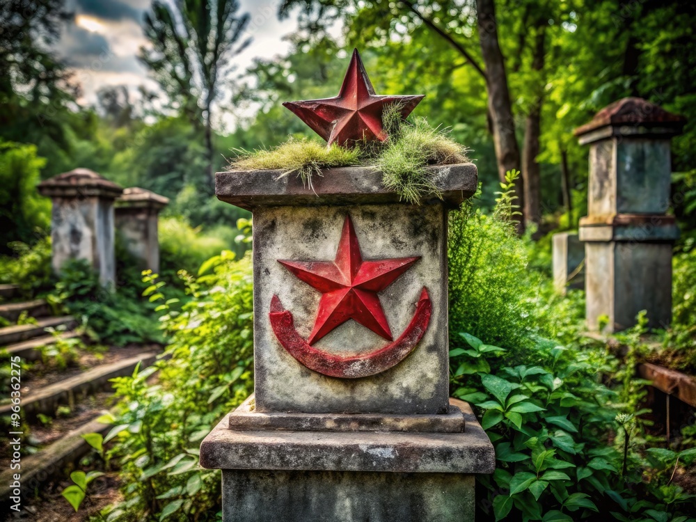 A faded, red-star-emblazoned hammer-and-sickle symbol stands atop a crumbling concrete pedestal, surrounded by overgrown weeds and rusting ironwork, exuding nostalgia for a bygone era. A faded, red-star-emblazoned hammer-and-sickle symbol stands atop a crumbling concrete pedestal, surrounded by overgrown weeds and rusting ironwork, exuding nostalgia for a bygone era.