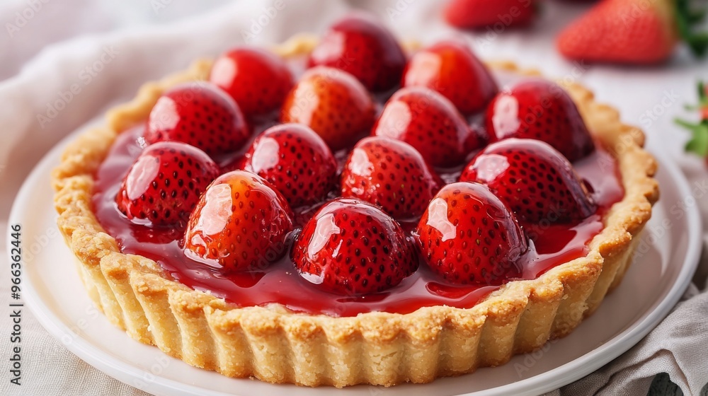A strawberry tart with a golden crust and a glossy glaze, topped with whole strawberries and served on a white plate, showcasing a delectable pastry. A strawberry tart with a golden crust and a glossy glaze, topped with whole strawberries and served on a white plate, showcasing a delectable pastry.