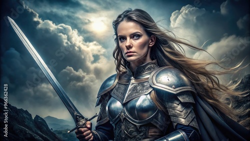 A fierce and powerful female warrior stands strong, clad in shining armor and holding a sword, with a bold and determined expression on her face.