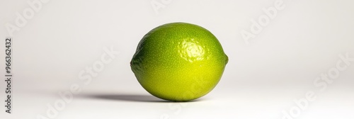 A single, ripe green lime sits on a white backdrop, symbolizing freshness, zesty flavor, health, and vitality. Its smooth, shiny skin highlights its juiciness, perfect for adding a tangy touch to drin photo