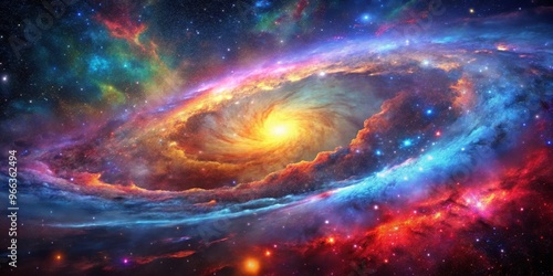 Cosmic Spiral Galaxy - A Vivid Digital Painting of a Starry Sky with a Colorful Spiral Galaxy at its Center, space, nebula, galaxy