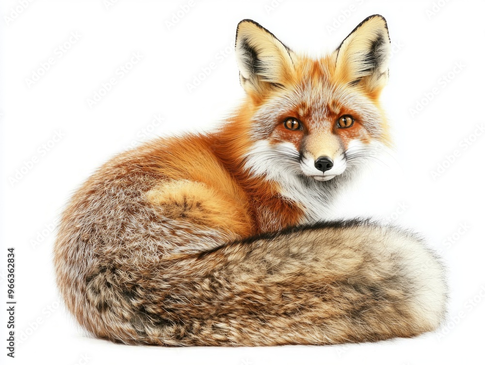 Fototapeta premium elegant red fox curls its bushy tail around its legs, displaying a calm demeanor while isolated against a bright white background, showcasing its striking colors and features.