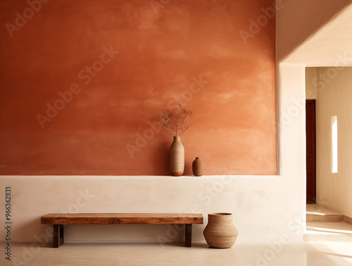 Wabi sabi and japandi japanese style rustic interior in in white, neutral and terracotta with wood, pottery and texture elements photo