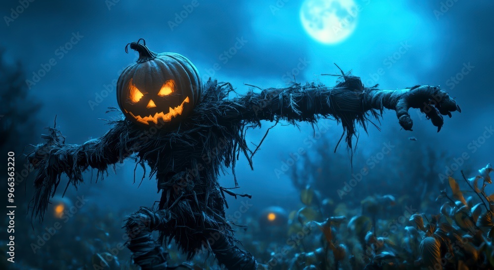 A creepy scarecrow with a glowing pumpkin head standing in the moonlight in a creepy cemetery A creepy scarecrow with a glowing pumpkin head standing in the moonlight in a creepy cemetery