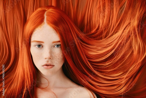 Redhead girl with brilliance long hair. Natural beauty. Portrait of young girl with perfect skin. Voluminous red hair. Hair coloring in salon. Brilliance hairstyle. Redhead woman with beauty face Redh photo