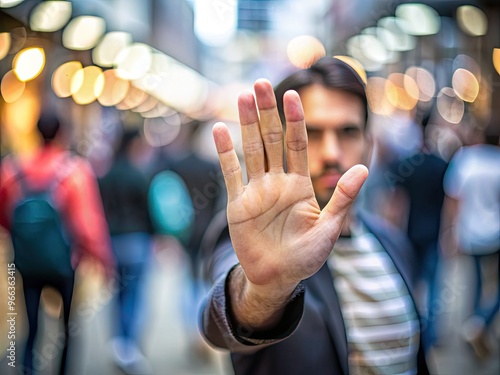 A frustrated hand with palm facing outward, fingers spread apart, signals silence, emphasizing the need to cease conversation in a busy, blurred background environment.