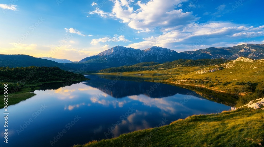 Fototapeta premium A tranquil scene of a mountain lake reflecting the blue sky and fluffy clouds, surrounded by lush green hills. The image evokes feelings of peace, tranquility, and natural beauty.