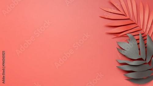 A top-view shot of a single gray palm leaf and a single pink palm leaf on a living coral background. The leaves are arranged in a minimalist style, creating a simple yet elegant design. This image evo