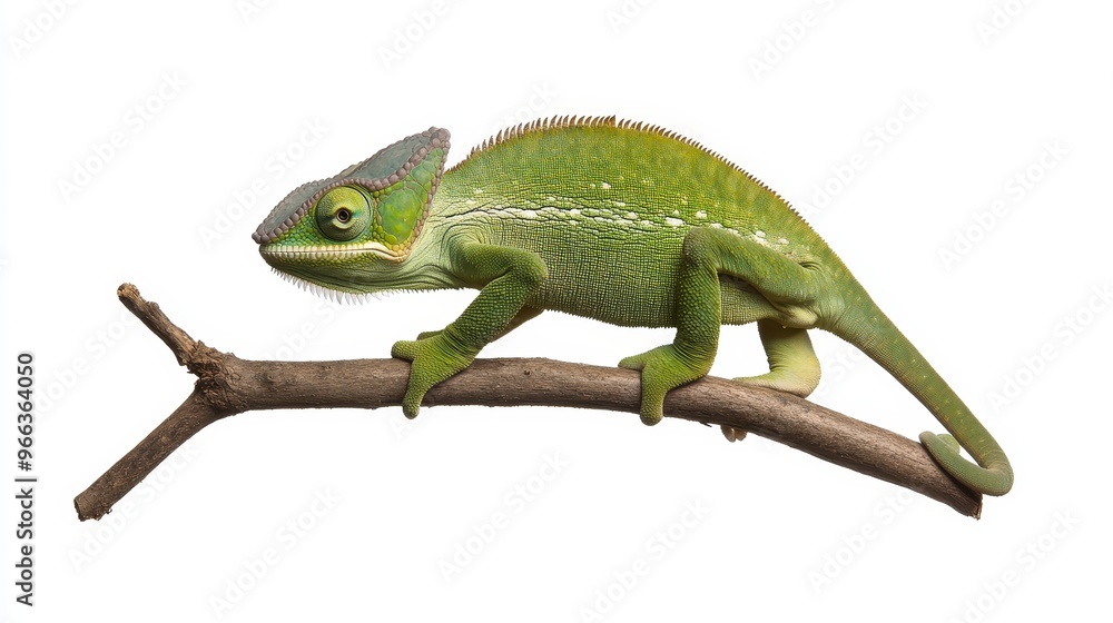 A vibrant green chameleon perched on a branch, showcasing its distinctive features, including its long, prehensile tail, bulging eyes, and ability to change color. The image captures the chameleon's a A vibrant green chameleon perched on a branch, showcasing its distinctive features, including its long, prehensile tail, bulging eyes, and ability to change color. The image captures the chameleon's a