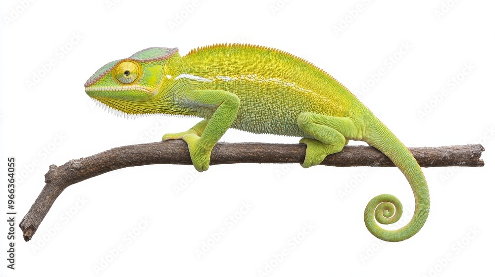 A vibrant green chameleon perched on a branch against a white background. The chameleon's distinctive features, including its large eyes, long tail, and ability to change color, are highlighted in thi A vibrant green chameleon perched on a branch against a white background. The chameleon's distinctive features, including its large eyes, long tail, and ability to change color, are highlighted in thi