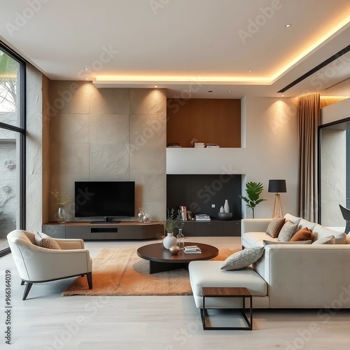 Modern Luxury Living Room with Cozy Seating and Large TV Screen.