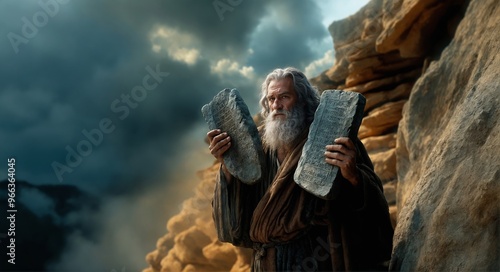 Moses and the Ten Commandments from God on Stone Tablets.