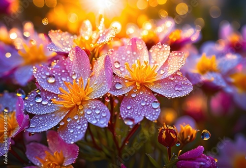 vibrant macro shot dew kissed blossoms illuminated sunlight showcasing colorful petals beauty, blooms, flowers, nature, illumination, botanical, garden, spring