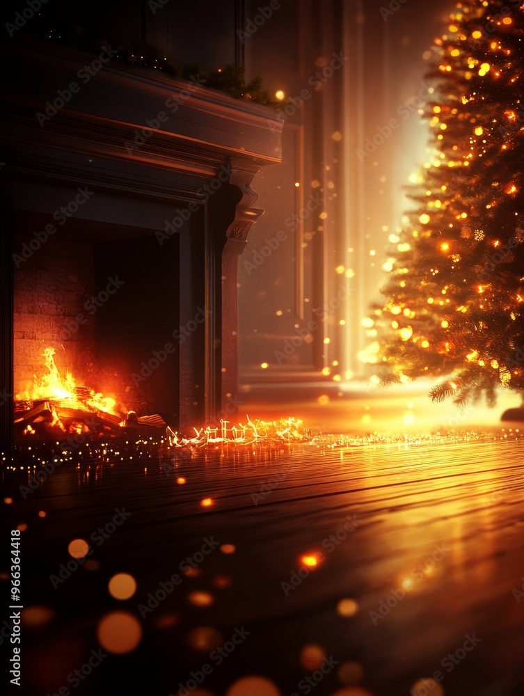 A warm and inviting scene of a fireplace with a roaring fire, glowing lights, and a decorated Christmas tree. The image evokes feelings of warmth, happiness, and celebration. A warm and inviting scene of a fireplace with a roaring fire, glowing lights, and a decorated Christmas tree. The image evokes feelings of warmth, happiness, and celebration.