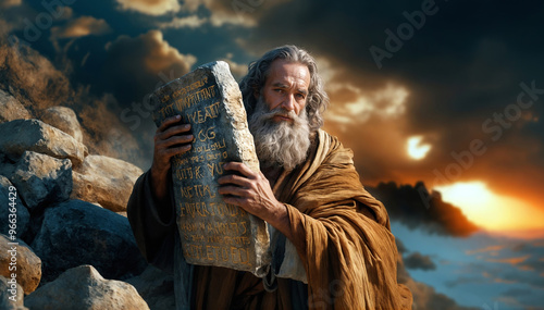 Moses and the Ten Commandments from God on Stone Tablets.
