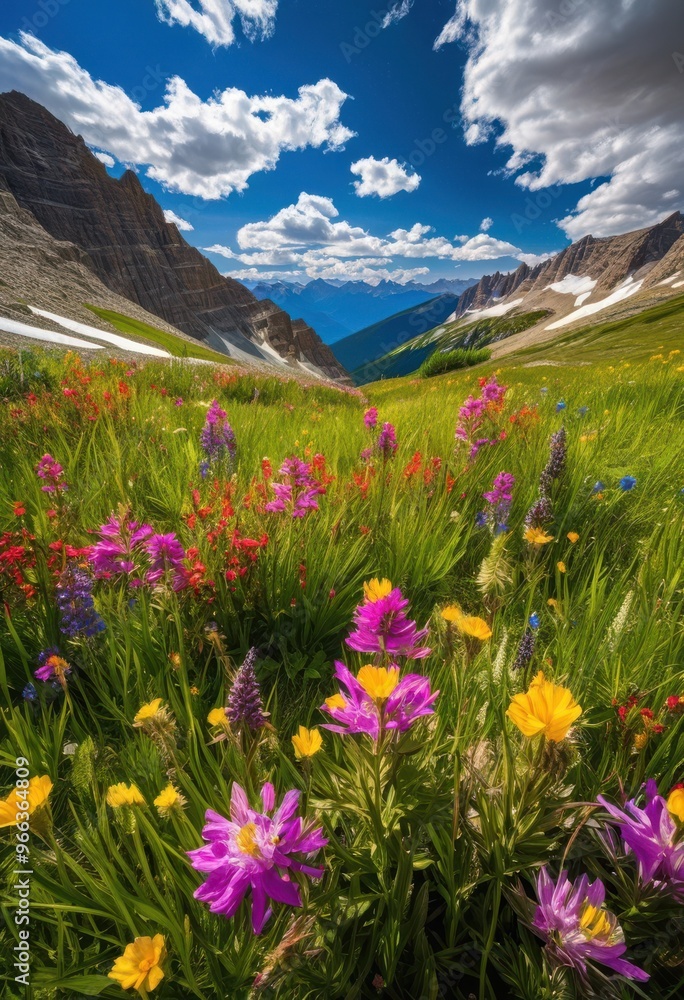 Obraz premium breathtaking mountain landscape adorned colorful wildflowers under clear blue sky, adventure, botanical, blossom, blooming, captivating, scenery, elevation