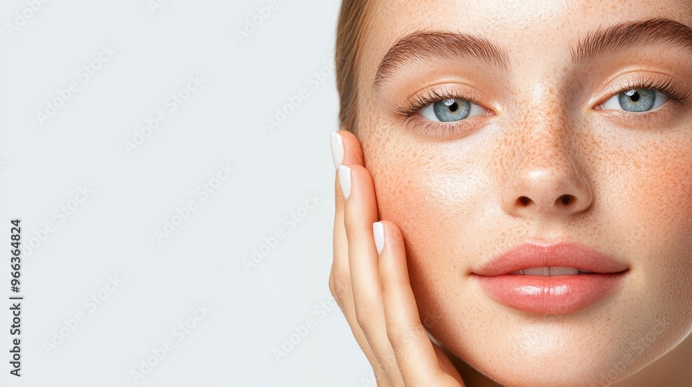 A young woman with flawless skin and freckles gently touches her cheek, conveying a sense of natural beauty, confidence, and healthy glow. The soft lighting and simple background highlight her feature A young woman with flawless skin and freckles gently touches her cheek, conveying a sense of natural beauty, confidence, and healthy glow. The soft lighting and simple background highlight her feature