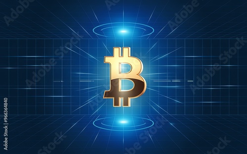 Golden Bitcoin Coin on Glowing Digital Grid with Futuristic Neon Lines