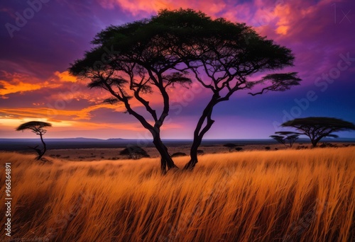 vibrant savanna landscape bathed captivating twilight skies rich colors textures, horizon, wildlife, vegetation, silhouette, orange, purple, scenery, dusk