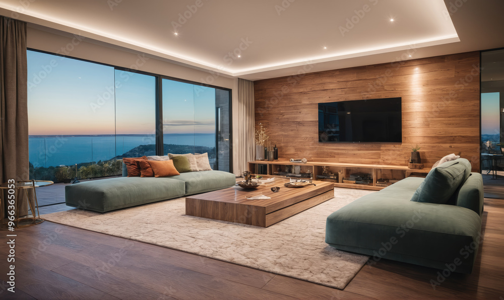 A spacious living room with large windows overlooking the ocean at sunset A spacious living room with large windows overlooking the ocean at sunset