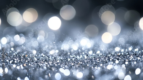 This abstract background features a shimmering layer of silver glitter with bokeh lights, symbolizing luxury, elegance, celebration, glamour, and festive mood.