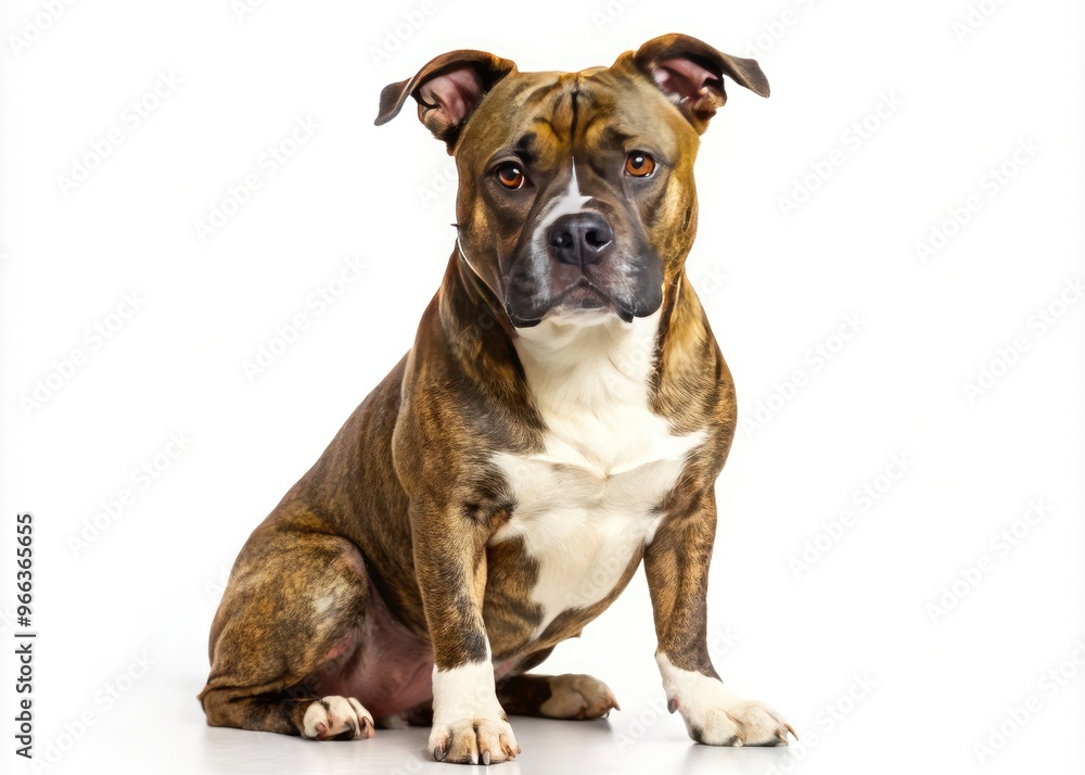 A handsome Staffordshire Terrier with a distinctive brindle coat pattern, sitting on a white background, showcasing its muscular build and endearing facial expression. A handsome Staffordshire Terrier with a distinctive brindle coat pattern, sitting on a white background, showcasing its muscular build and endearing facial expression.
