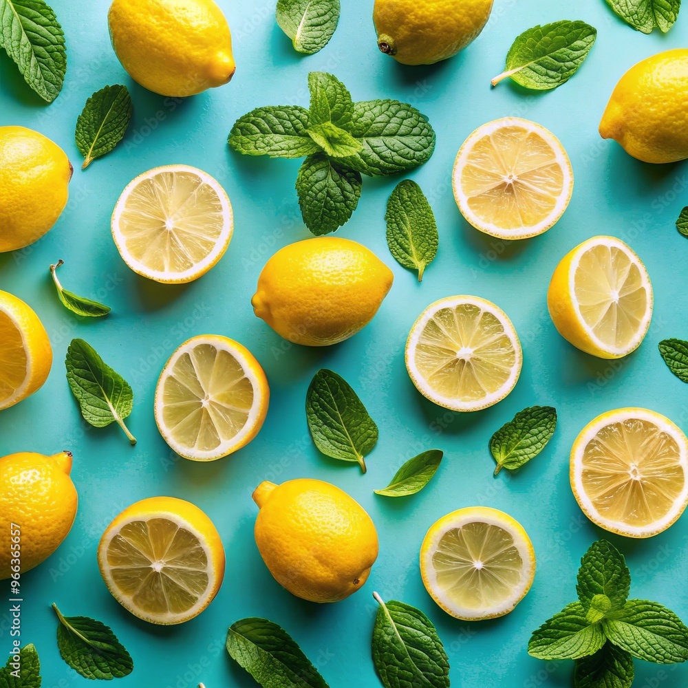 Lemons and Mint Leaves on Blue Background, Flat Lay, Top View, Summer, Citrus, Refreshing ,lemon Lemons and Mint Leaves on Blue Background, Flat Lay, Top View, Summer, Citrus, Refreshing ,lemon