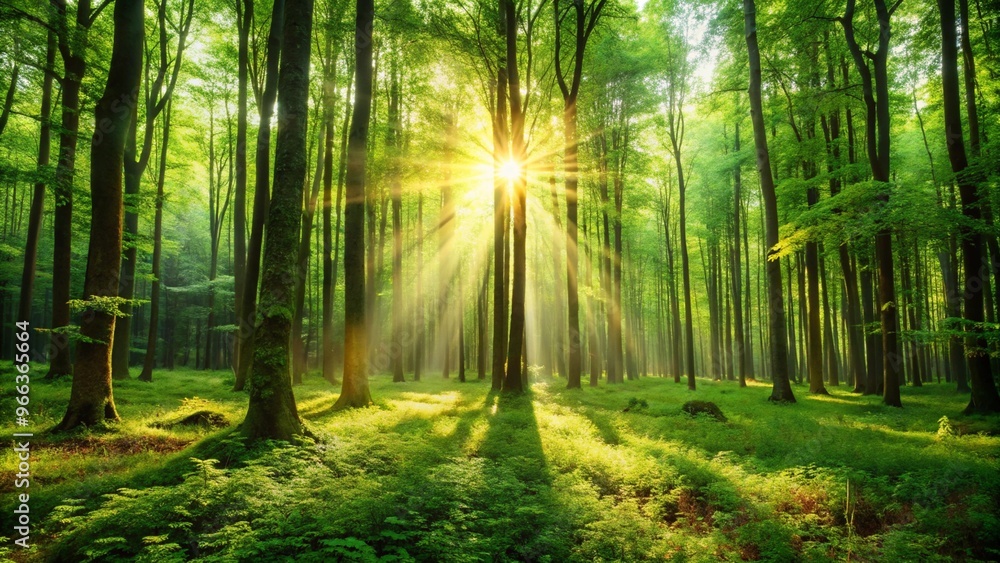 Creating a Serene Atmosphere with a Blurred Green Forest Background and Sunlight Peeking Through the Trees Creating a Serene Atmosphere with a Blurred Green Forest Background and Sunlight Peeking Through the Trees