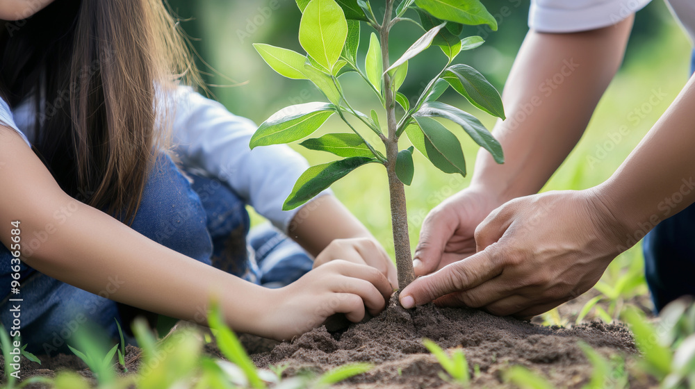 Fototapeta premium Family Planting a Tree Together for Environmental Conservation