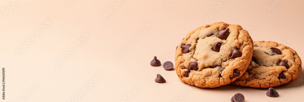 Two freshly baked chocolate chip cookies with scattered chocolate chips on a beige background. These cookies symbolize comfort, indulgence, sweetness, and the joy of baking. Two freshly baked chocolate chip cookies with scattered chocolate chips on a beige background. These cookies symbolize comfort, indulgence, sweetness, and the joy of baking.