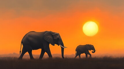 Acrylglasbilder Elefant Elefanten Silhouette Sonnenuntergang orangener Himmel  © Nima