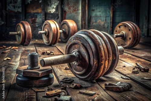 A heavy dumbbell, worn and rusted, lies on a weathered wooden bench, surrounded by scattered weights, evoking a gritty, old-school gym atmosphere. photo