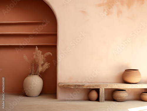 Wabi sabi and japandi japanese style rustic interior in in white, neutral and terracotta with wood, pottery and texture elements photo