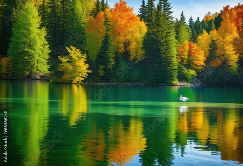 serene lake reflecting vibrant natural colors surrounded lush greenery clear blue skies, water, reflection, nature, sunlight, scenery, landscape, sky, trees