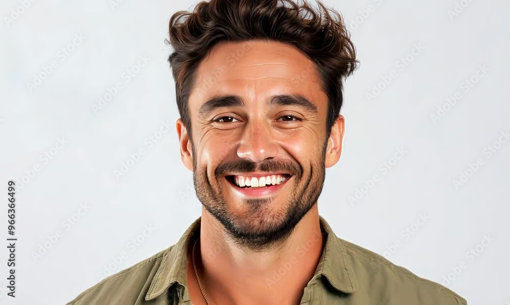 Portrait of handsome young man smiling and looking at camera while standing against white background