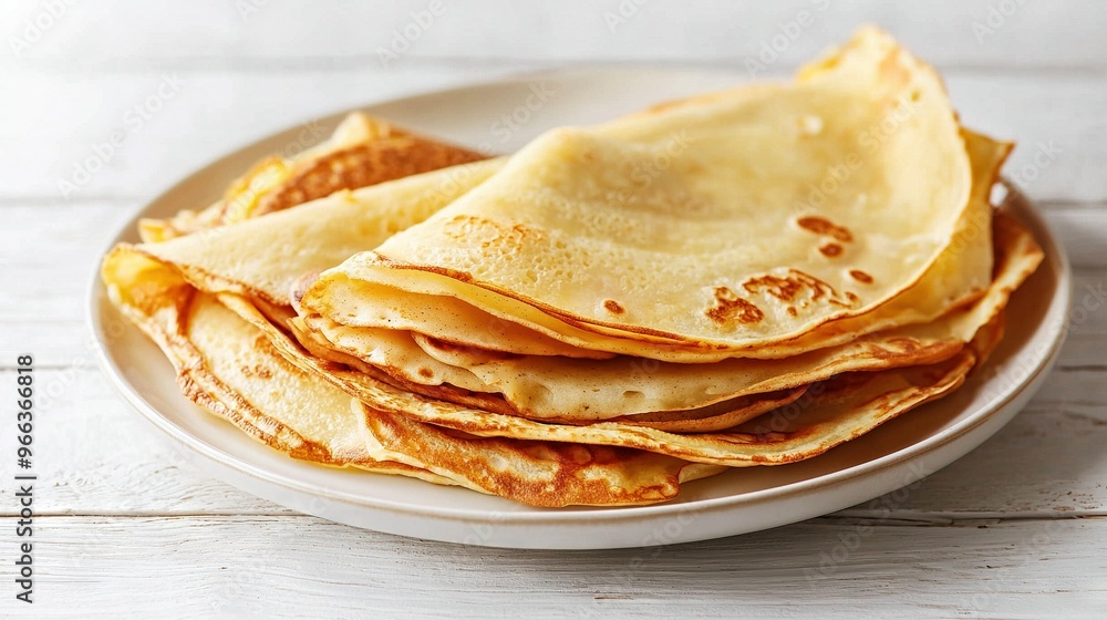 A white plate holds many crepes atop a white wooden table alongside a cup of coffee A white plate holds many crepes atop a white wooden table alongside a cup of coffee