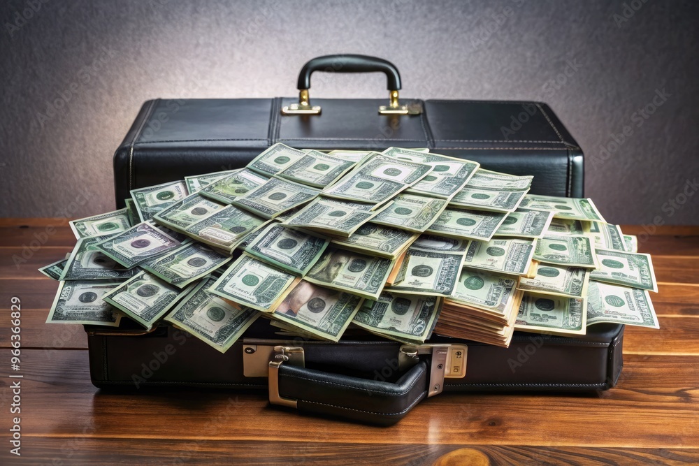A large bundle of crisp, neatly stacked $100 bills overflowing from a sleek, black briefcase on a polished, wooden desk, symbolizing wealth and success. A large bundle of crisp, neatly stacked $100 bills overflowing from a sleek, black briefcase on a polished, wooden desk, symbolizing wealth and success.