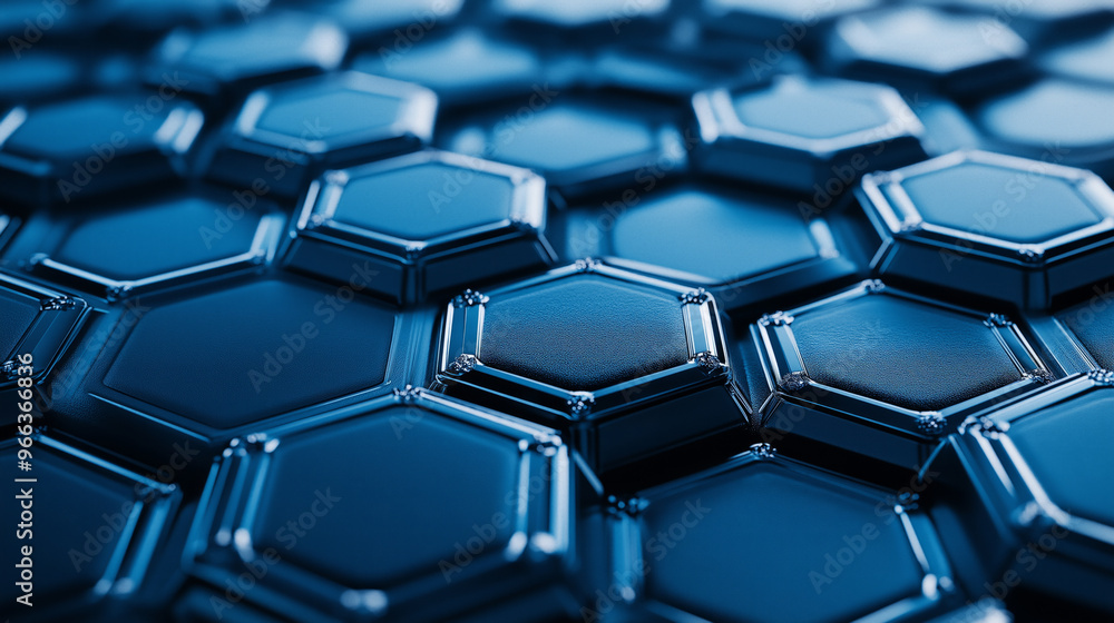 Close-up view of blue metallic hexagonal tiles, 3D futuristic texture background Close-up view of blue metallic hexagonal tiles, 3D futuristic texture background