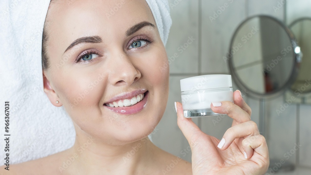 Closeup Young woman with towel on his head put the cream on the face. Holding jar of cream. Closeup Young woman with towel on his head put the cream on the face. Holding jar of cream.