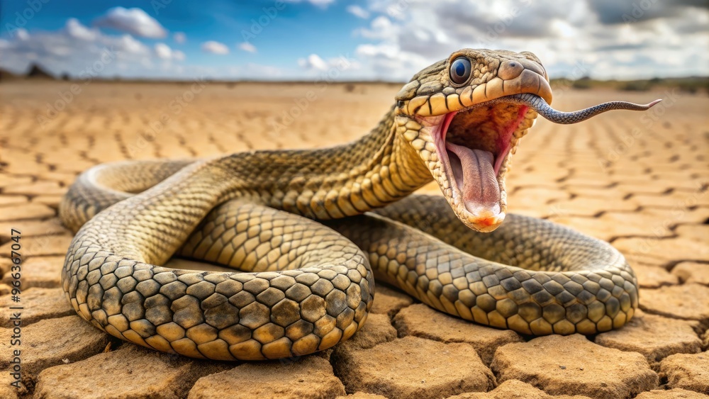 Obraz premium A lifeless serpent lies coiled on a dusty, cracked earth floor, its scaly body motionless, eyes vacant, and forked tongue lolling listlessly from its open mouth.