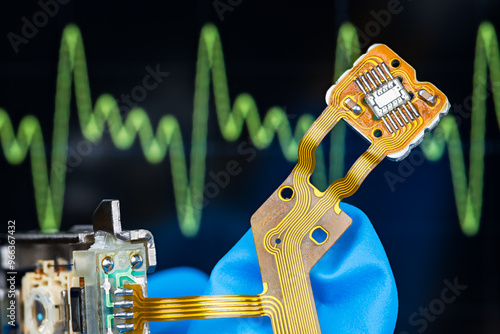 Integrated circuit of optical sensor, lens and flexible flat cable on technician hand in tech laboratory. Closeup dismantled CD-DVD disc drive pickup head on electronic oscilloscope screen background.