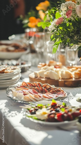 Elegant table setting with assorted appetizers and floral centerpiece: gourmet charcuterie, cheese platter, and fresh salad illuminated by soft natural light.