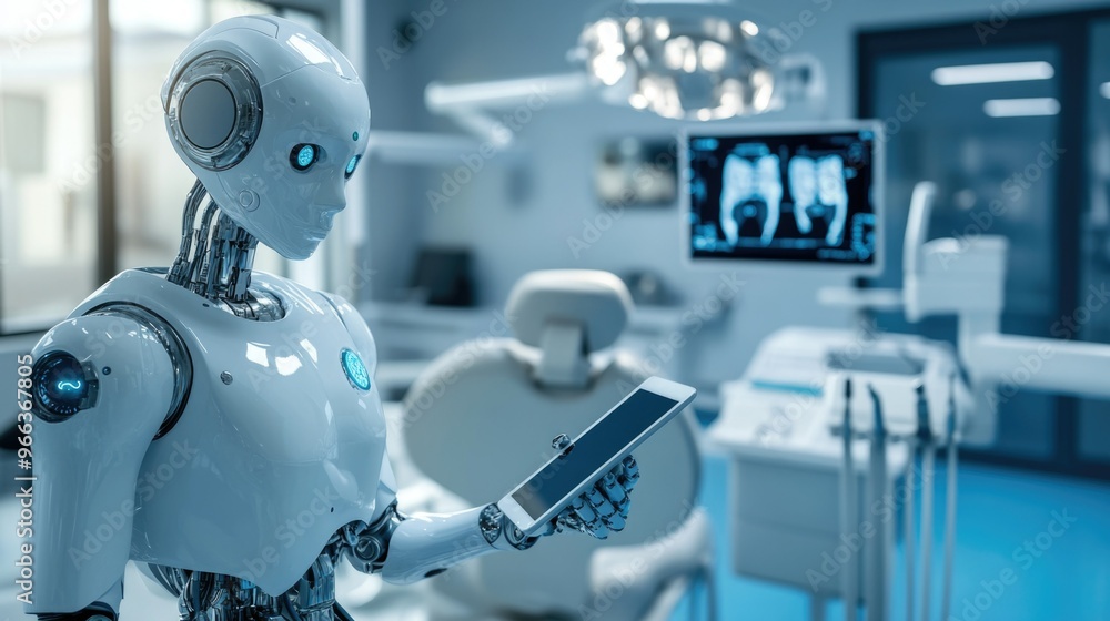 A humanoid robot works in a modern dental clinic, holding a tablet with the image of dental X-rays on the screen. In the background, advanced dental instruments and equipment are visible. A humanoid robot works in a modern dental clinic, holding a tablet with the image of dental X-rays on the screen. In the background, advanced dental instruments and equipment are visible.