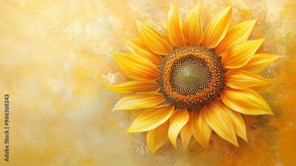 Fototapeta premium A top view of a single, large sunflower with its petals spread out, showcasing its intricate details and bright yellow color against a soft background.